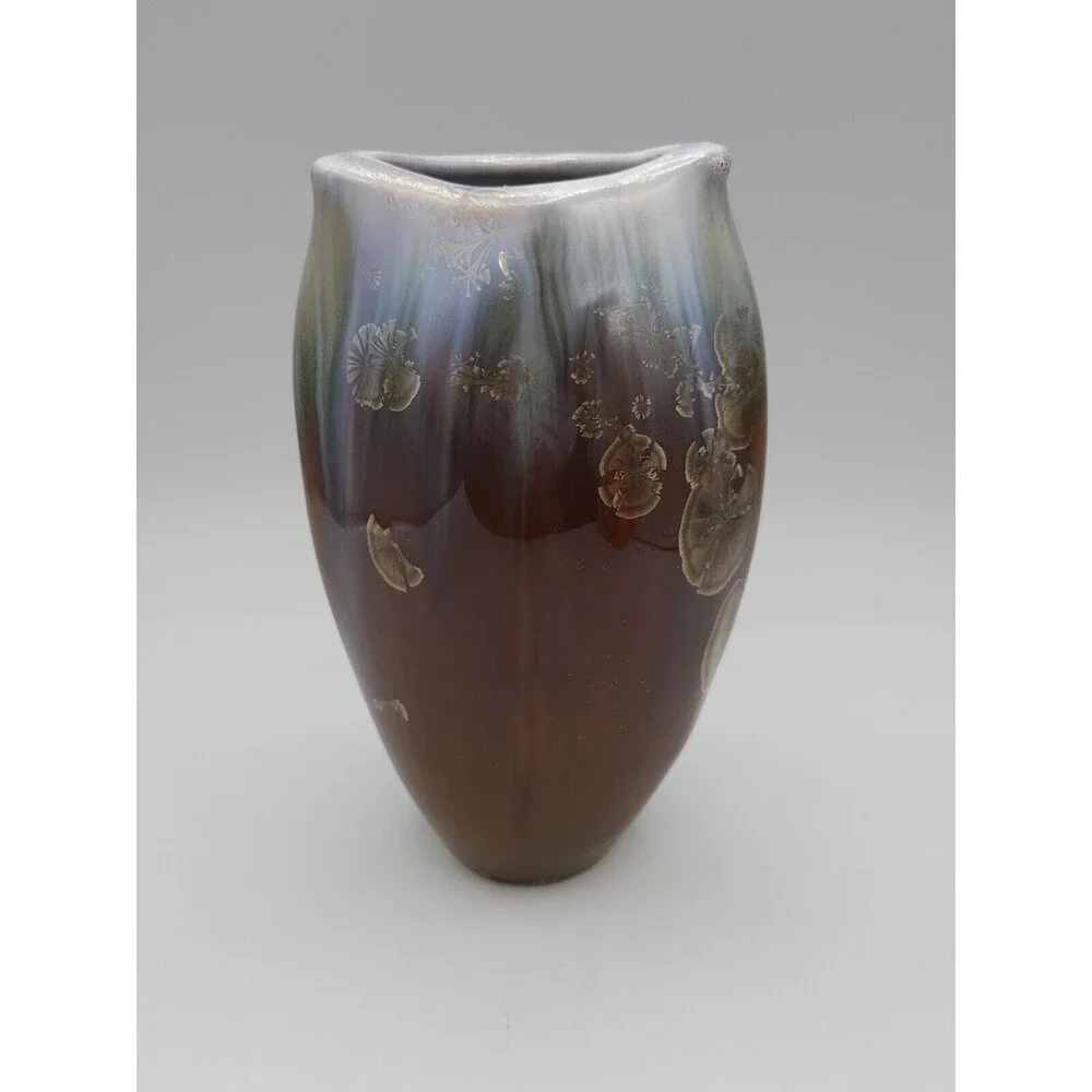 Bill Campbell Blue Flambe Drip Brown Crystalline Glaze Fish Mouth Vase